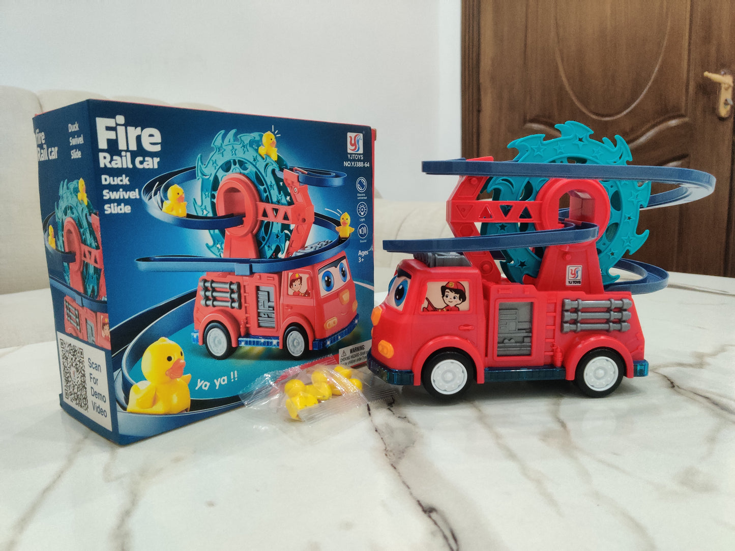 🚒 Fire Rail Truck with Ducks – Musical Light-Up Toy Car with Track & Ducklings (3+ Years)