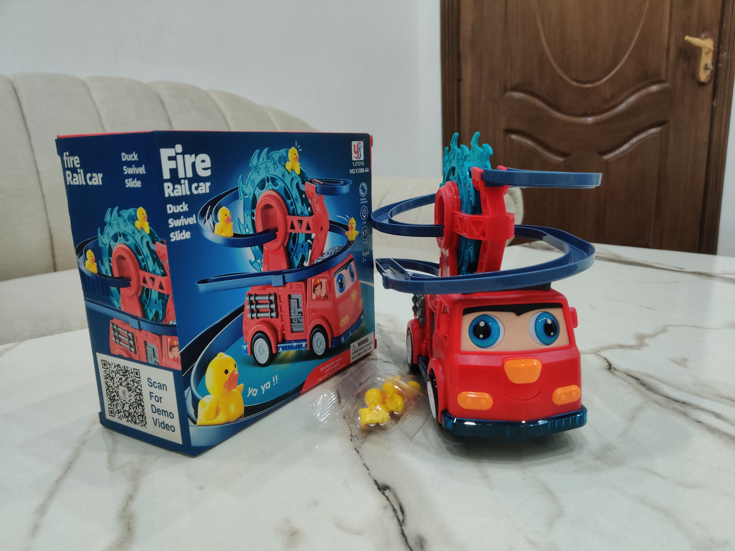 🚒 Fire Rail Truck with Ducks – Musical Light-Up Toy Car with Track & Ducklings (3+ Years)